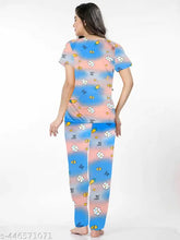 Stylish women's printed nightsuit set in pack of 1, featuring short-sleeved t-shirt and pyjama bottoms made from polycotton. Patterned nightwear available in multiple sizes including M, L, XL, XXL